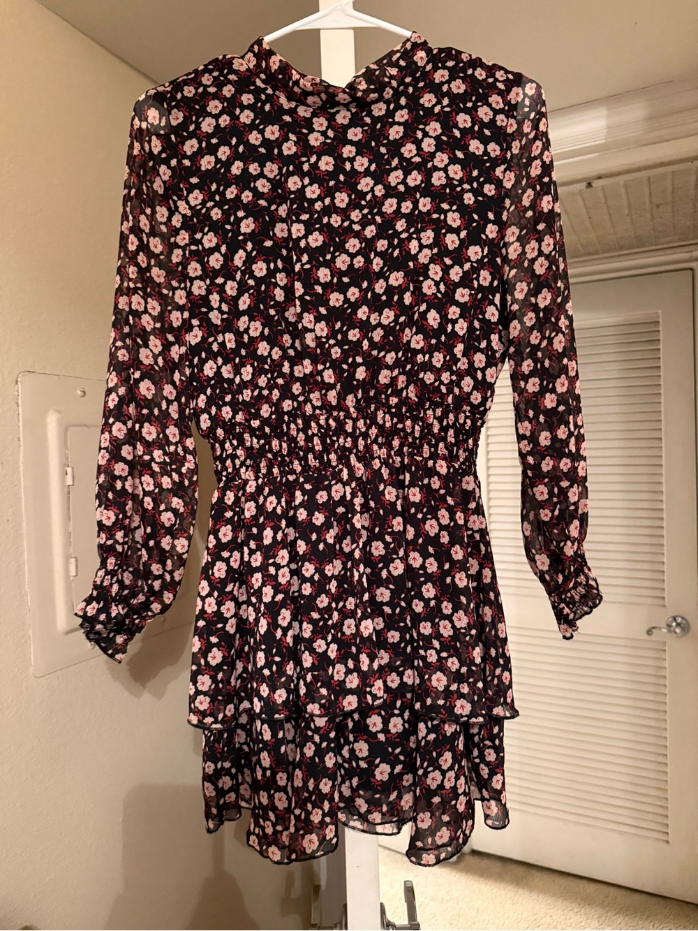 Zara Floral Smocked Waist Long Sleeve Dress - Black & Pink